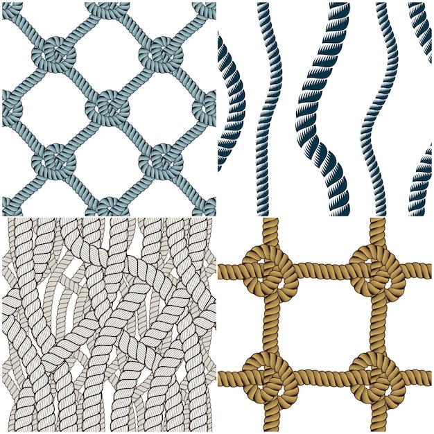 원활한 패턴 로프 짠 벡터 집합, 추상적인 설명 배경 컬렉션입니다. 어망 장식과 해양 매듭이 있는 끝없는 해군 삽화. 패브릭, 벽지, 랩핑, w 사용 가능