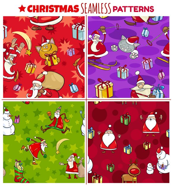 seamless patterns set with cartoon Christmas characters for wrapper or paper pack