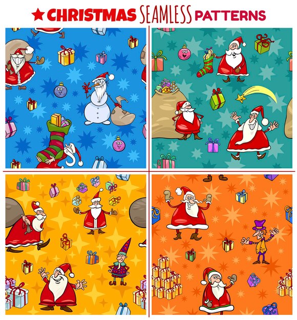 ラッパーや紙パックの漫画のクリスマスキャラクターで設定されたシームレスなパターン