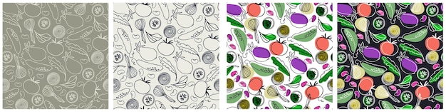 Seamless patterns set with vegetables beans and greens for surface design posters illustrations Healthy foods theme