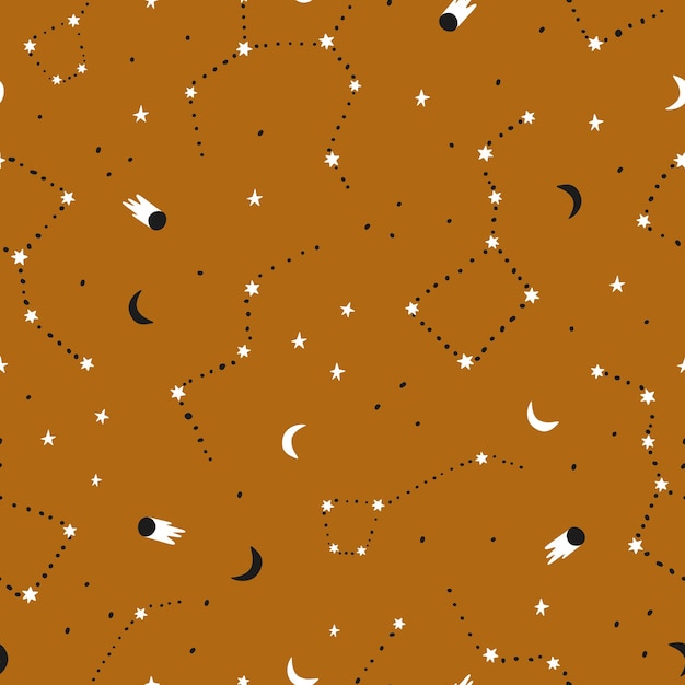 Вектор Бесшовные модели. небо с созвездиями на желтом фоне. векторные иллюстрации для дизайна