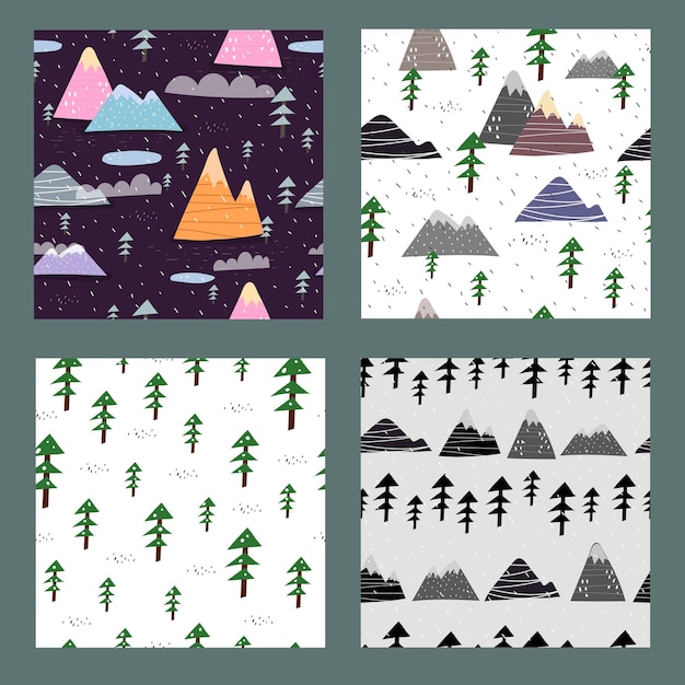 Seamless  patterns with cartoon mountains, Christmas trees, lakes, clouds, decor elements.