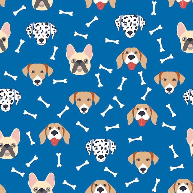 Vector seamless patterns with cute cartoon dogs muzzles dalmatian terrier bulldog