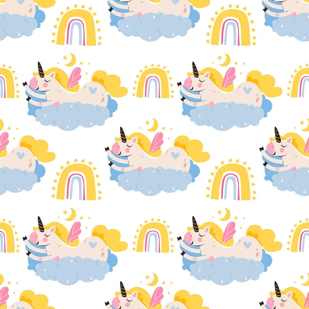 Vector seamless patterns with cute magical with a sleeping unicorn on the clouds vector illustration