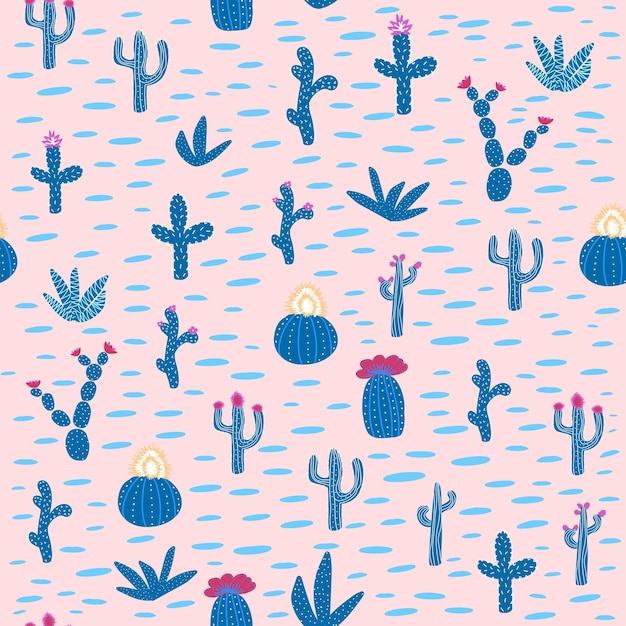 別のサボテンとのシームレスなパターン 砂漠の植物と青いサボテンの背景に明るい繰り返しテクスチャ