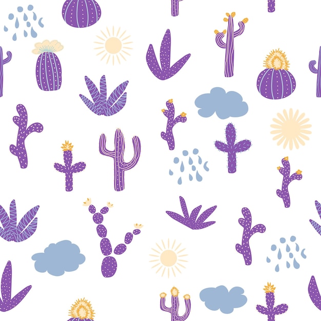 Vector seamless patterns with different cacti vibrant repeating texture with purple cacti background with desert plants