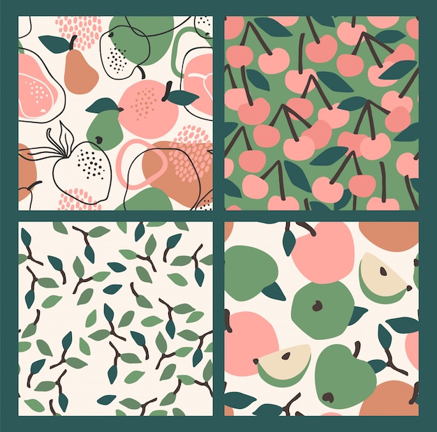 seamless patterns with fruits. Trendy hand drawn.