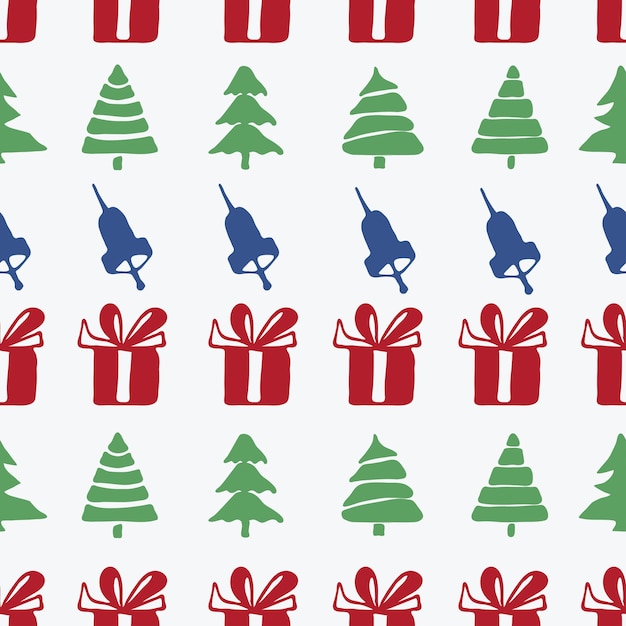 Seamless patterns with hand bells gift boxes and christmas trees  firtree decoration