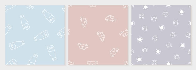 Seamless patterns with milk bottles, cars and suns