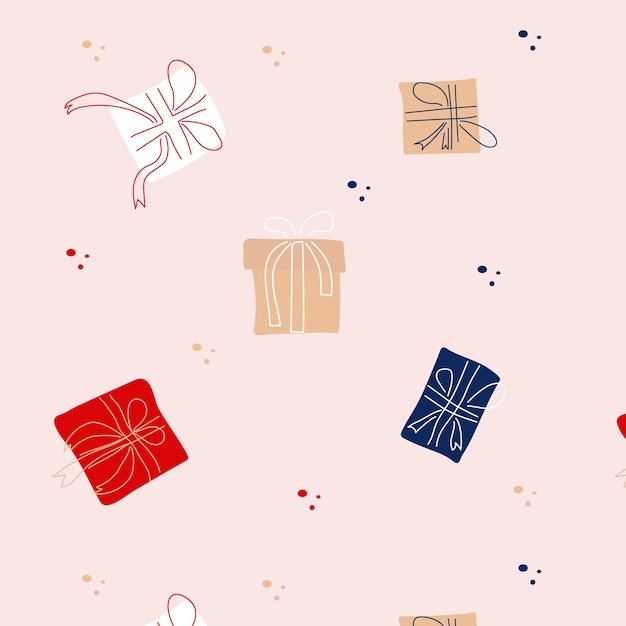 분홍색 배경 벡터 일러스트 레이 션에 여러 가지 빛깔의 선물 상자와 원활한 패턴