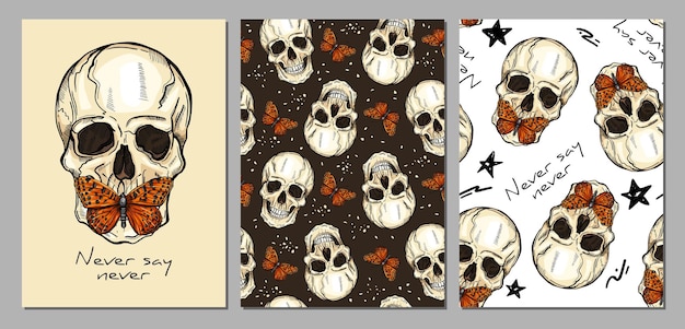 Seamless patterns with skulls and butterflies Handdrawn poster sketch design Art print