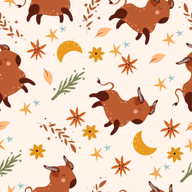 Seamless patterns with Taurus, colorful flowers, leaves and stars.Bright Astrological Taurus zodiac