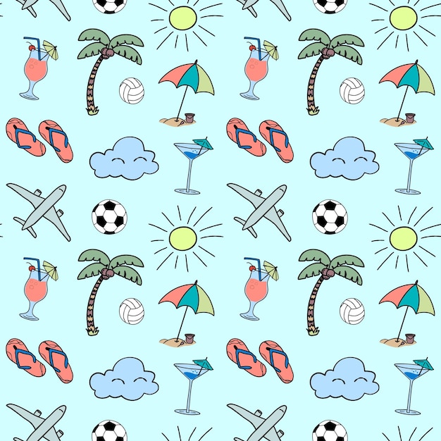 Seamless patternVector illustration in cartoon doodle style of summer icons