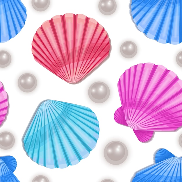 Seamless pearls chains colorful pattern with seashells mariner background sea underwater life