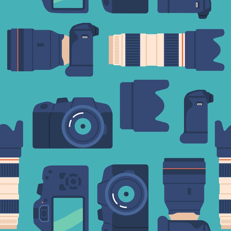 Vector seamless photo camera and lens pattern perfect for photography enthusiasts and professionals vector illustration