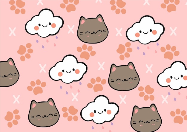 The seamless pink background with a combination of Cat and smile cloud with cat feed