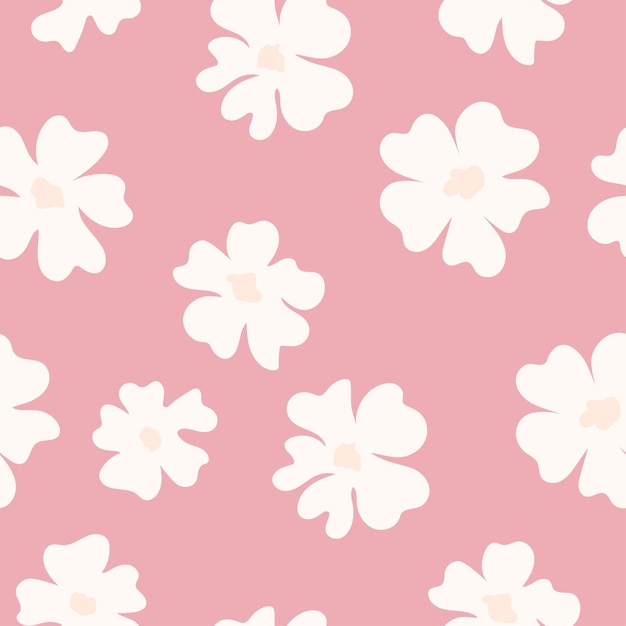 Seamless pink background with white flowers Floral background Hand drawn