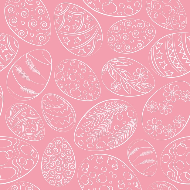 Вектор Бесшовный розовый пасхальный фон с контурными белыми яйцами