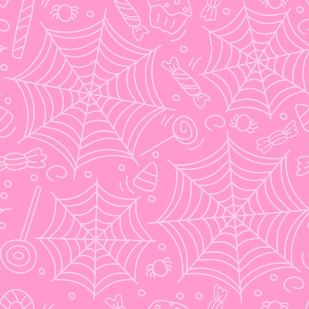 Vettore motivo halloween rosa senza cuciture ragnatela con caramelle lecca-lecca illustrazione vettoriale in stile doodle disegnato a mano