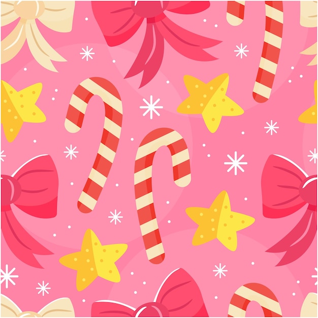 Бесшовный розовый узор с рождественскими бантами, леденцами и звездами на фоне мультяшного стиля