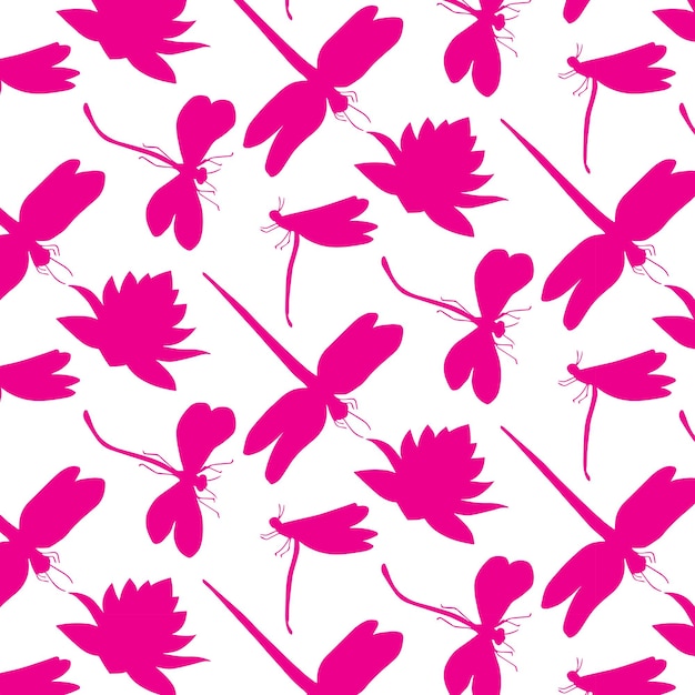 Seamless pink pattern with colorful silhouette dragonflies.