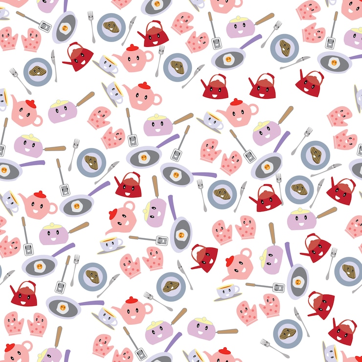 Vector seamless pink sweet kitchen cooking breakfast items pattern 
