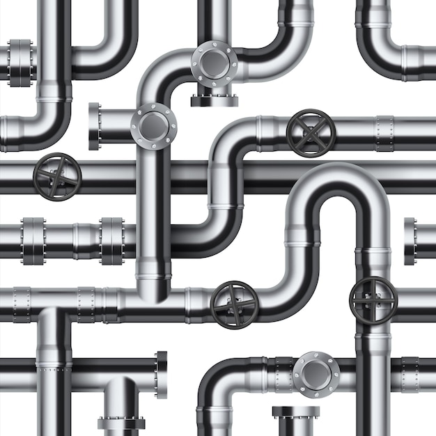 Vector seamless pipeline pattern realistic water and gas engineering plumbing system 3d steel cylindrical tube constructions round valves and pipe connection with bolts vector template