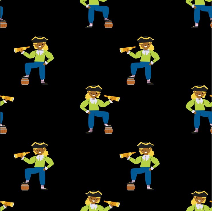 वेक्टर seamless pirate pattern with cartoon characters holding telescopes on black background