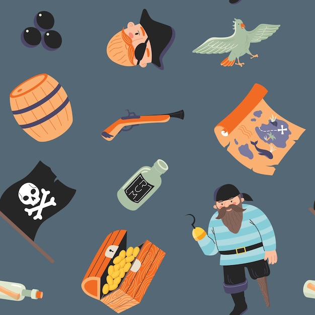 Vector seamless pirate pattern with chest of gold coins, map o tresures, jolly roger, parrot, portrait of corsair etc.