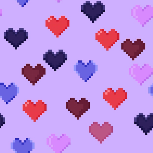 Seamless pixel pattern of hearts on a purple background