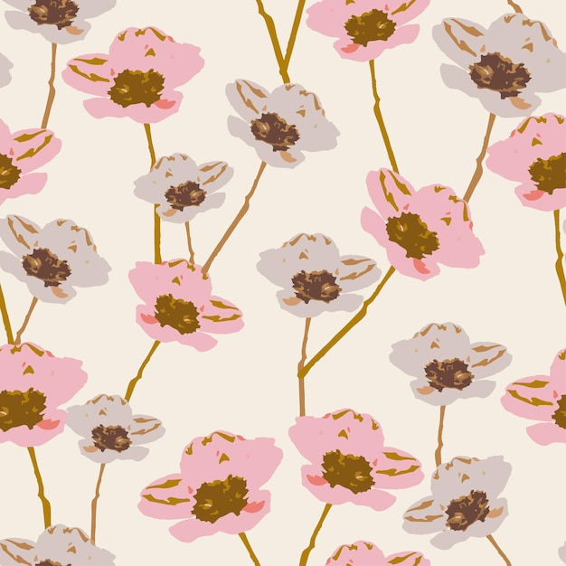 Seamless plants pattern background with cute hand drawn flowers greeting card or fabric