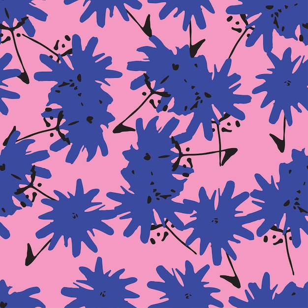 Seamless plants pattern background with pink and blue flowers greeting card or fabric