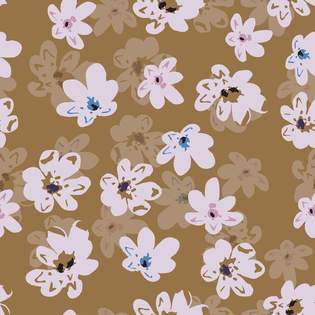 Seamless plants pattern on brown background with mixed tiny flowers greeting card or fabric