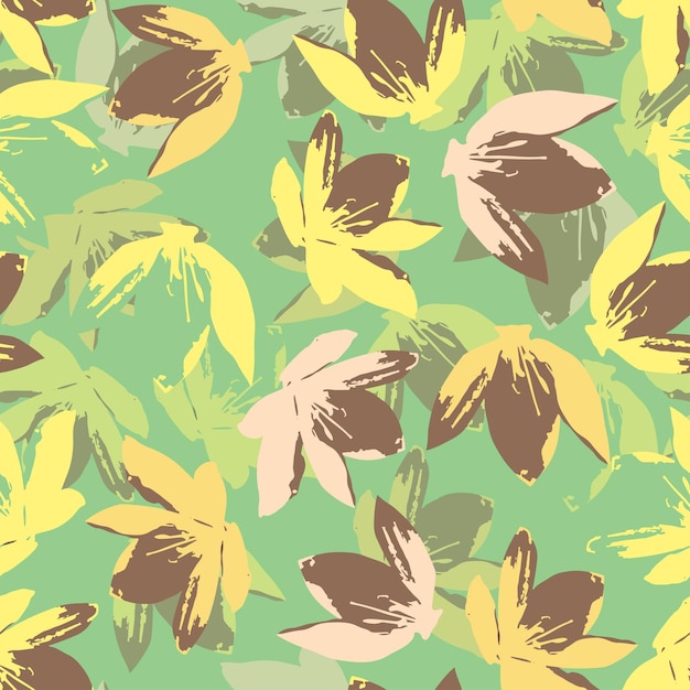 Seamless plants pattern on green background with falling flowers greeting card or fabric