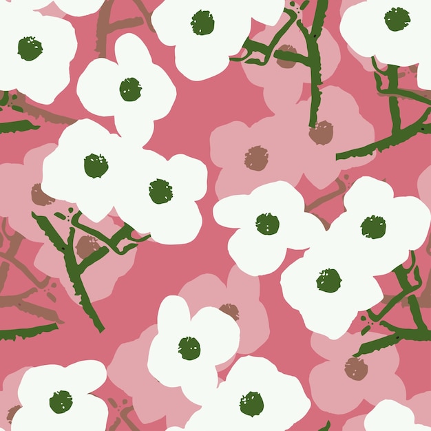 Seamless plants pattern on pink background with flowers greeting card or fabric