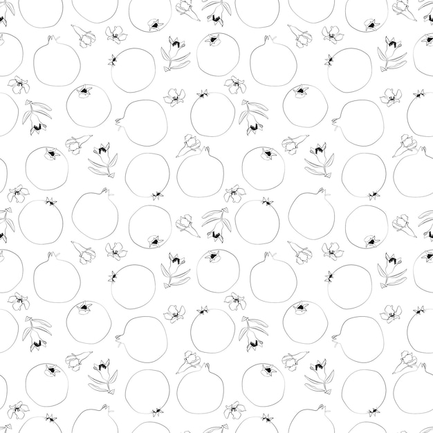 Seamless pomegranate background with leaves flowers and fruits Black and white vector graphics