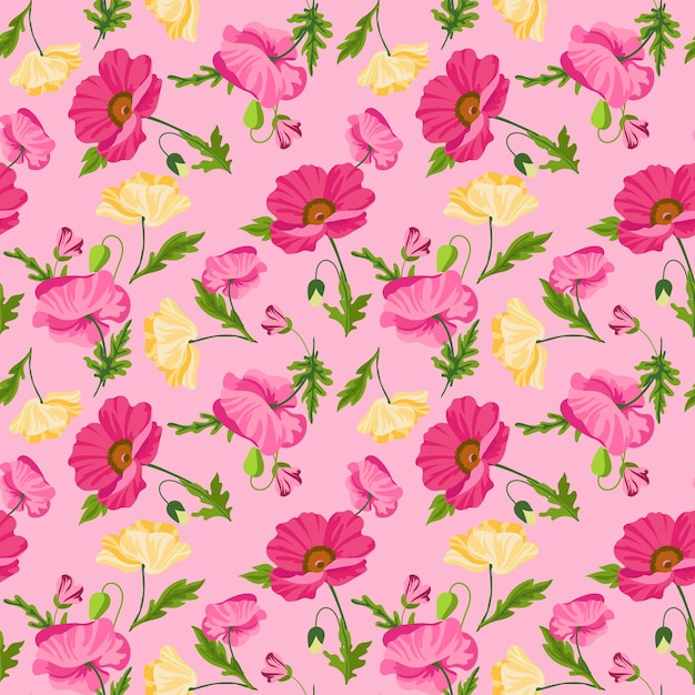 Vector seamless poppy flower pattern with hand drawn colored blooms on pink background