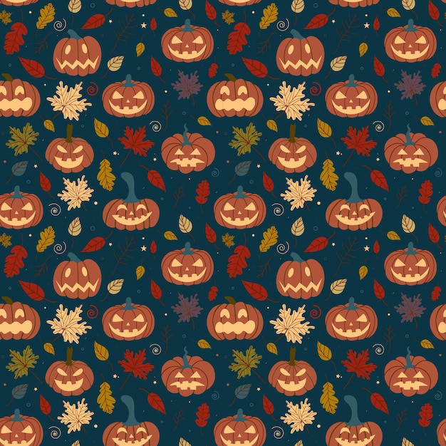 Vector seamless pumpkin pattern with fallen autumn leaves on a dark background halloween pattern