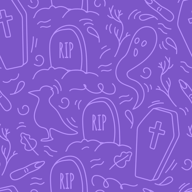 Modello halloween viola senza cuciture tombe dei corvi lapide tomba fantasma illustrazione vettoriale in stile doodle disegnato a mano