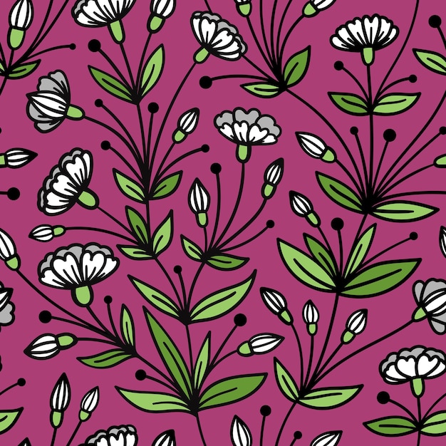 SEAMLESS PURPLE PATTERN WITH TRAILING WHITE FLOWERS IN VECTOR