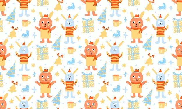 Seamless rabbit pattern. Christmas bunny white background. New year holiday gift paper. Kid textile