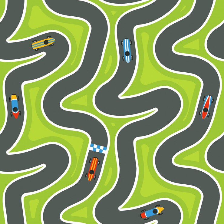 Vector seamless race track pattern with racing cars