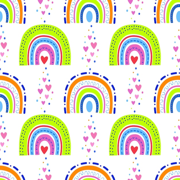 Vettore disegno a arcobaleno senza cuciture un arcobaleno nel cielo e cuori disegno a colori vivaci per i bambini