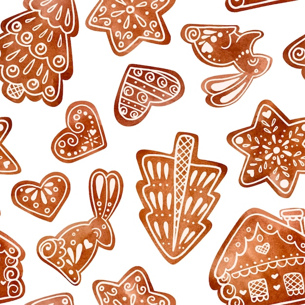 Seamless rapport of gingerbread hearts, hares, houses,