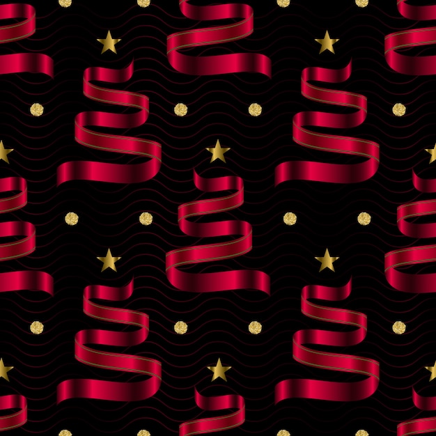 검은 색 바탕에 골드 스타와 도트 반짝이 패턴으로 리본에서 원활한 빨간 크리스마스 파인 트리