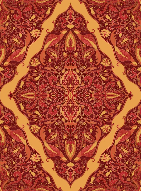 Vector seamless red and orange floral background with damask vector medieval pattern