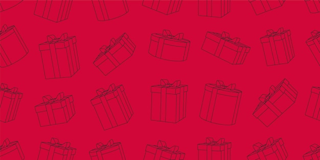 Seamless red pattern texture with hand drawn gift boxes of round and square shapes with bows