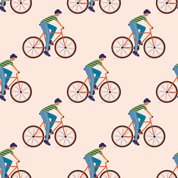 Vector seamless repeat pattern of a guy riding a bike