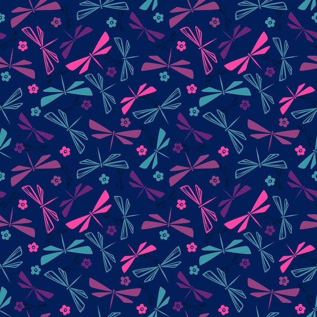 Seamless repeat pattern with dragonfly silhouettes Random dragonflies vector background