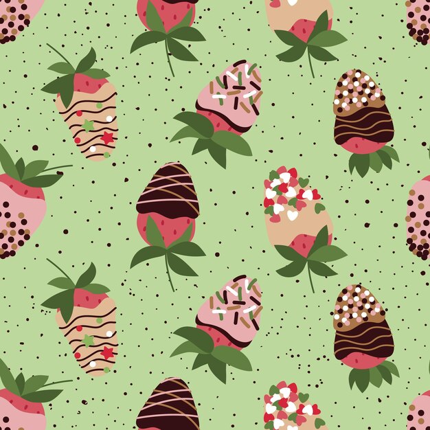 Seamless repeat pattern with strawberry in chocolate glaze sprinkle on green background Vector